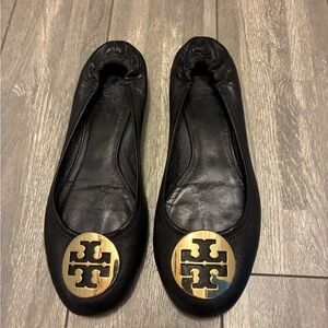 Tory Burch Black Flats with Gold Emblem